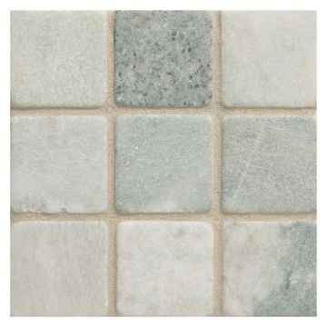 2" square mosaic in tumbled Ming Green marble.