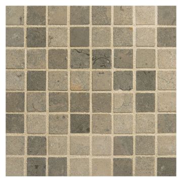 5/8" square mosaic tile in honed Lavora Blue limestone.