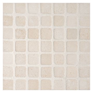 5/8" square mosaic tile in honed Crema Macon limestone.