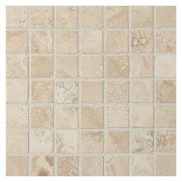 5/8" square mosaic tile in polished and filled Perlato travertine.