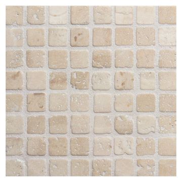 5/8" square mosaic tile in tumbled Perlato travertine.