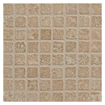 5/8" square mosaic tile in tumbled Noce travertine.