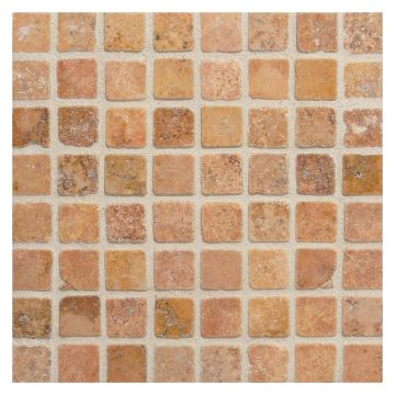 5/8" square mosaic tile in tumbled Temple travertine.