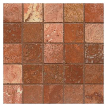 1" square mosaic tile in honed and filled Orion Red travertine.