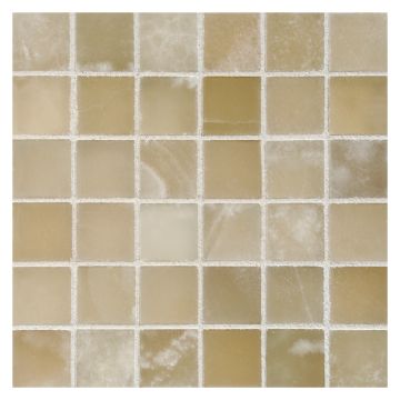 3/4" square mosaic tile in polished White Vanilla Premium onyx.
