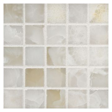 1" square mosaic tile in polished Blanc Nuage Premium onyx.