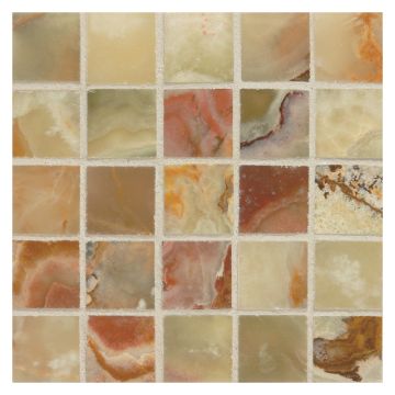 1" square mosaic tile in polished Green Multicolor Pistachio Onyx.