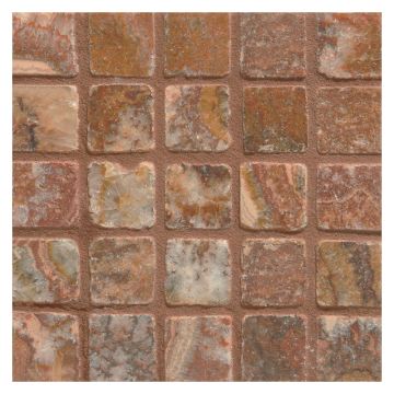 1" square mosaic tile in tumbled Red Sea onyx.