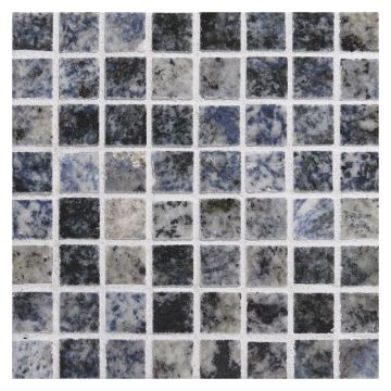 5/8" square mosaic tile in polished Blue Bahia granite.