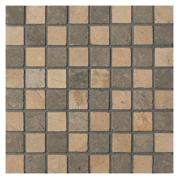 5/8" square checkerboard mosaic in honed Lavora Blue and Castelo Gold limestone.