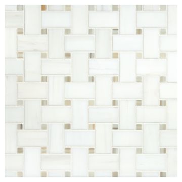 1" x 2" Basketweave marble mosaic made from honed White Whisp Dolomiti and polished linear gold. 