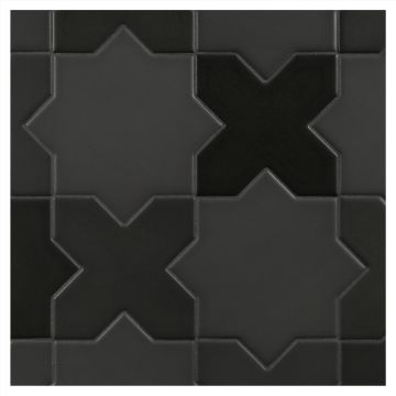 True Tile Made in the Shade Porcelain Star X Cross Tile in Black X Sixteen with Matte finish.