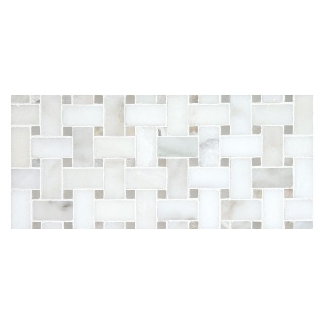 Basketweave mosaic tile in Calacatta Antique marble with Blanc Onyx.