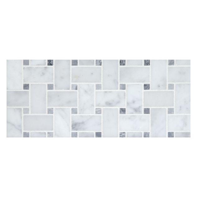 Basketweave mosaic tile in honed Carrara marble with Grey dots.