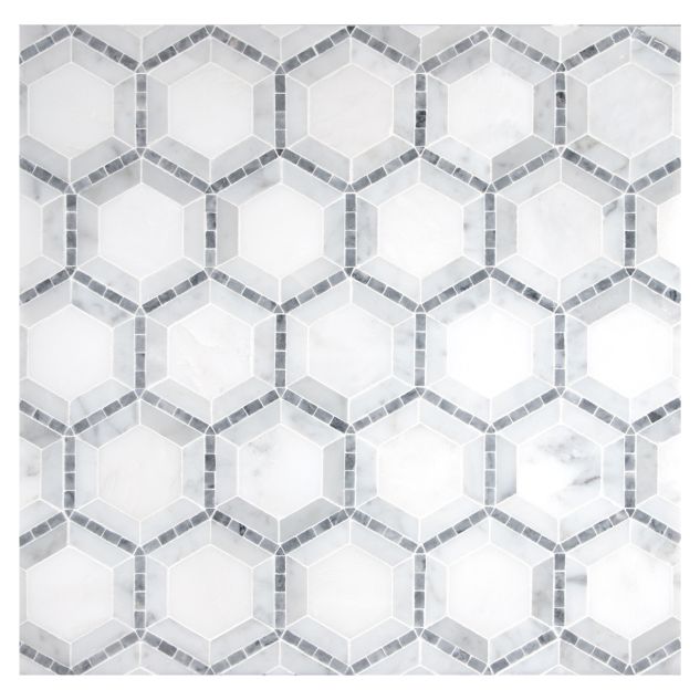 Concentric Hexagon mosaic tile in polished Carrara