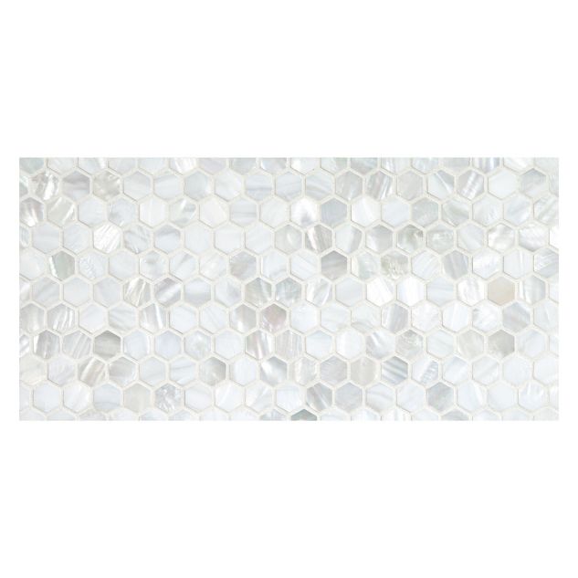 Mini Hexagon mosaic tile in polished natural white shell.