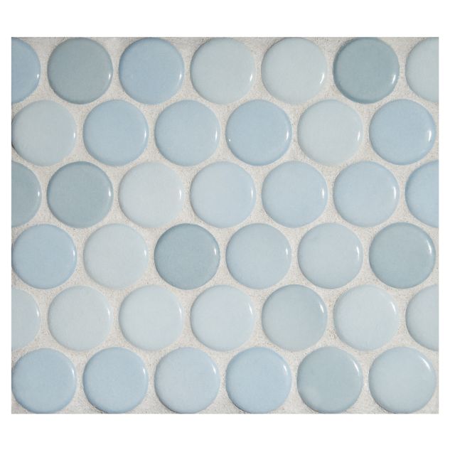 1" porcelain penny round mosaic tile in gloss finished Light Agua color.