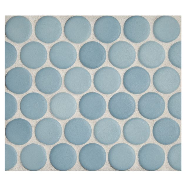1" porcelain penny round mosaic tile in matte finished Agua Azul color.