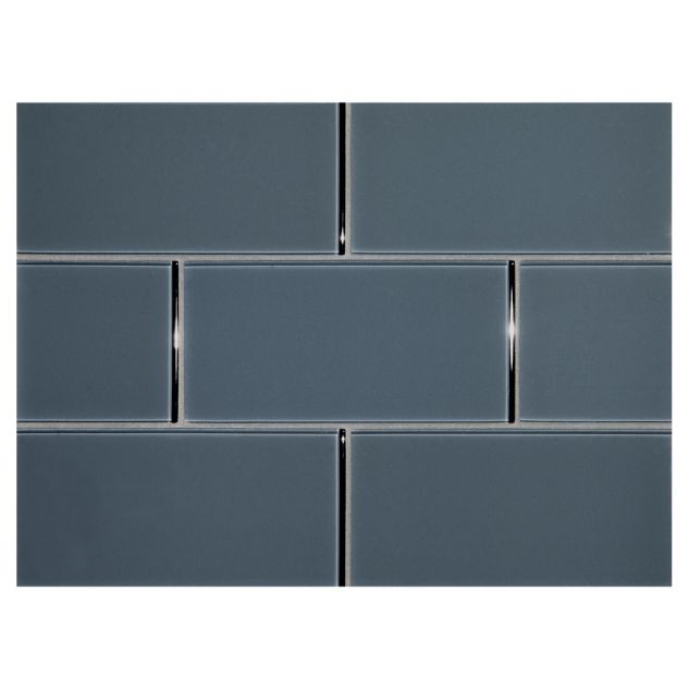3" x 6"  glass subway tile in Camelot Gray color with a gloss finish.
