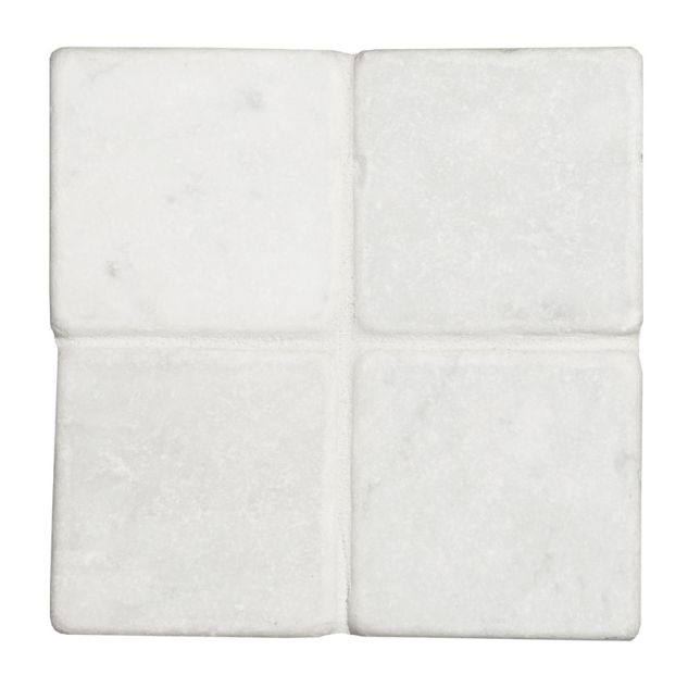 4" square tile in tumbled Bianco Carrara marble.