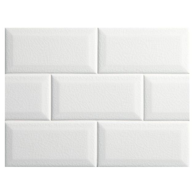 3" x 6" beveled ceramic tile in white with a crackle finish.