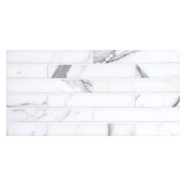 1" x 6" Brick mosaic in polished Calacatta marble.
