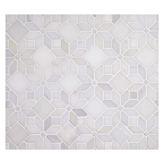 Star Petals mosaic tile in polished Blanca Nieve marble.
