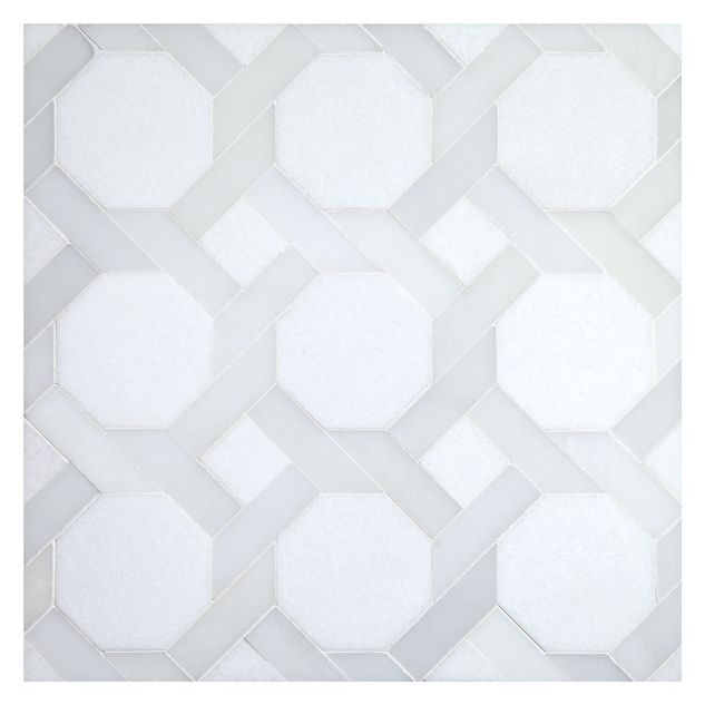 Octoweave mosaic tile in polished Thassos and Iceland White marble.