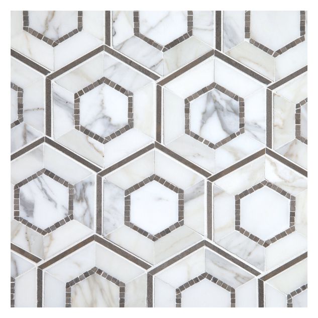 Allude-Concentric Hexagon mosaic in Calacatta marble and Lavora Blue limestone.