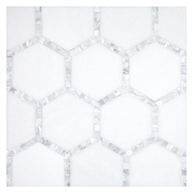 Framed Hexagon mosaic tile in Thassos marble with White Shell frame.