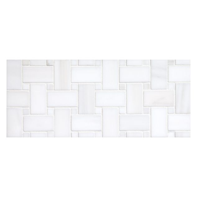 Basketweave mosaic in polished White Whisp Dolomiti marble.