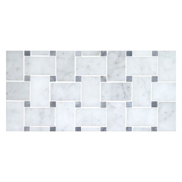 Basketweave mosaic in polished Carrara marble with Gray dot.