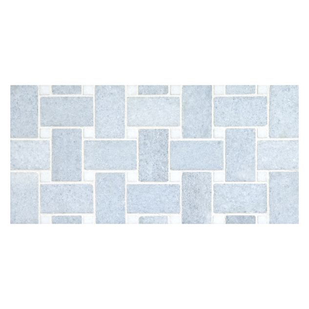 Basketweave mosaic in polished Blue Celeste marble with Thassos dot.