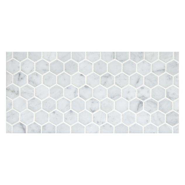1" hexagon mosaic tile in honed Bianco Carrara marble.