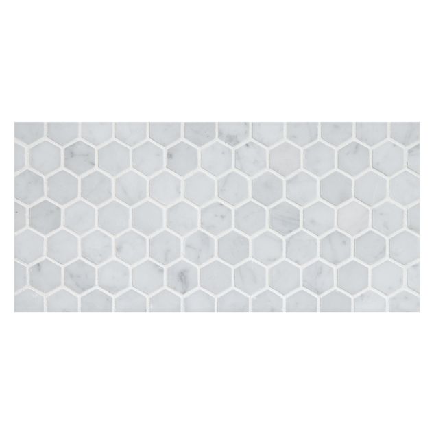 1" hexagon mosaic tile in polished Bianco Carrara marble.
