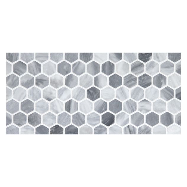 1" hexagon mosaic in honed Bardiglio Turno marble.
