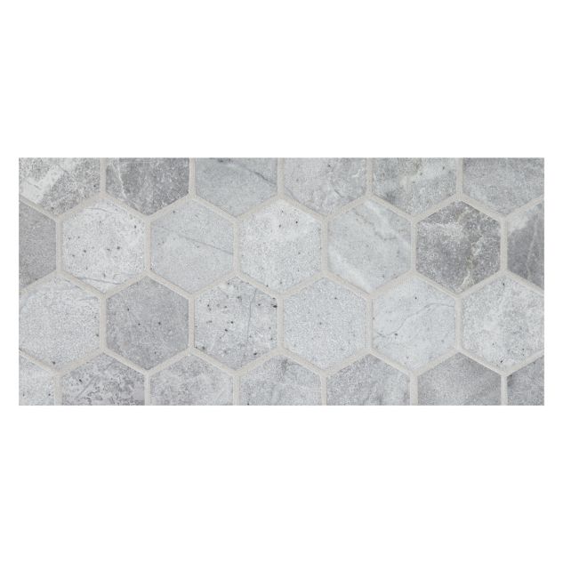 2" Hexagon mosaic tile in honed Gris De Bleu marble.