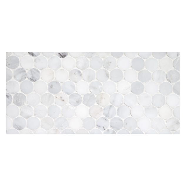 1" penny round mosaic tile in polished White Blossom marble.