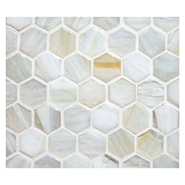 1" Hexagon glass mosaic in Aslon color with a pearl finish.