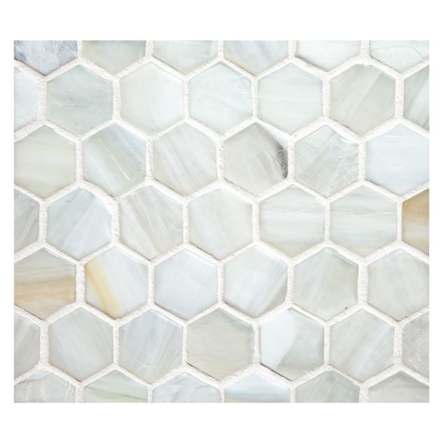 1" Hexagon glass mosaic in Aslon color with a silk finish.