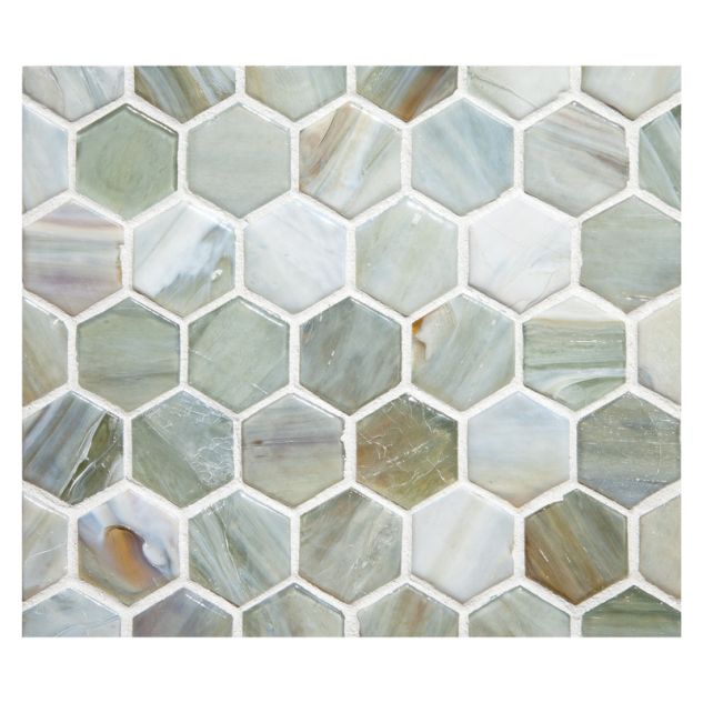 1" Hexagon glass mosaic in Pianso color with a pearl finish.