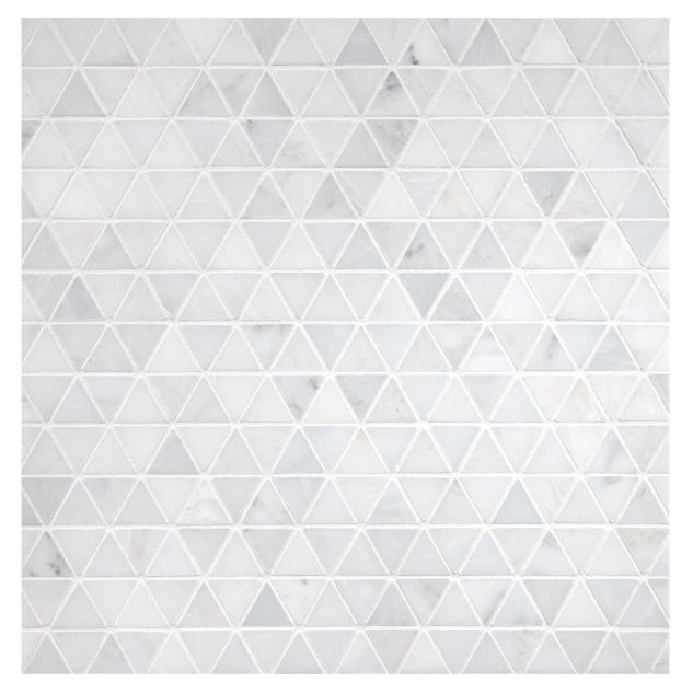 1" Equilateral Triangle mosaic tile in White Whisp Dolomiti and Linear Gold marble.