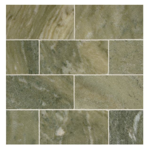 3" x 6" subway tile in polished Canopy Green marble.