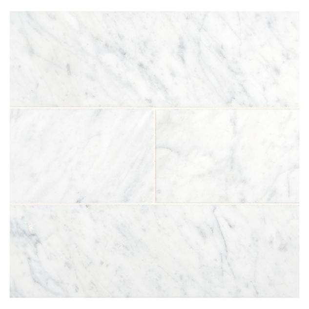 4" x 12" field tile in polished Carrara marble.