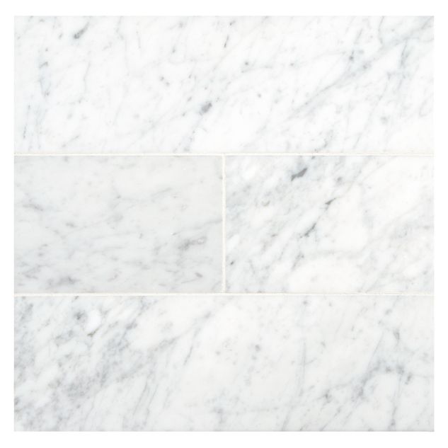 4" x 12" field tile in honed Carrara marble.