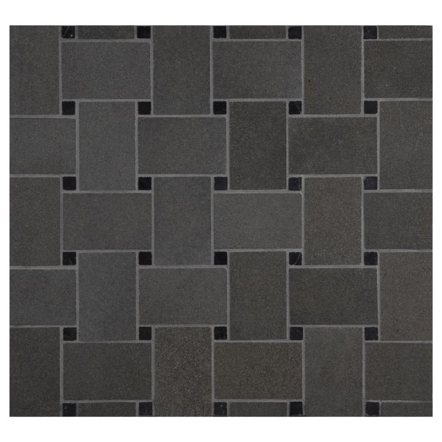 Basketweave mosaic in honed Deep Basalt with Nero Marquina dots. 