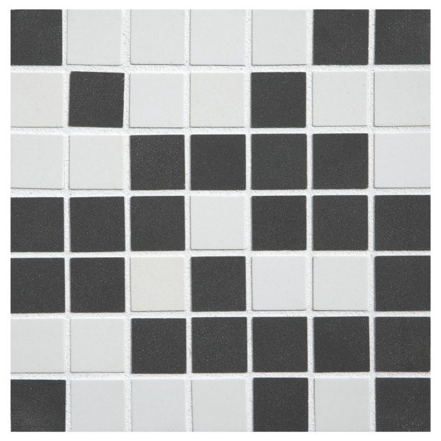 3/4" Square porcelain mosaic tile in unglazed Dove White and Black blend.