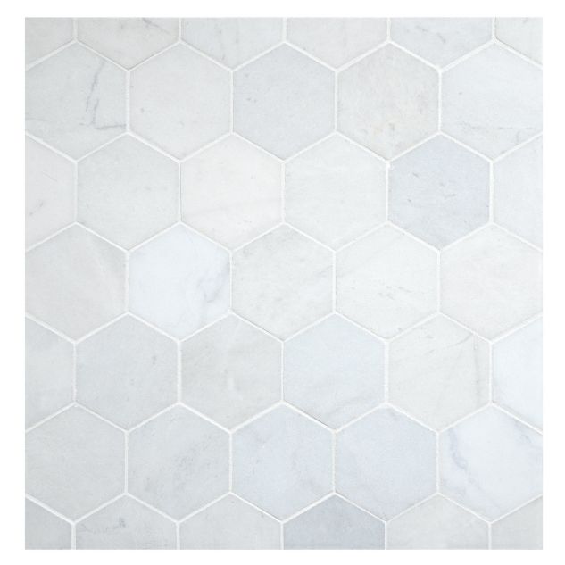 2-1/4" Hexagon mosaic in polished Blue Caress Light marble.