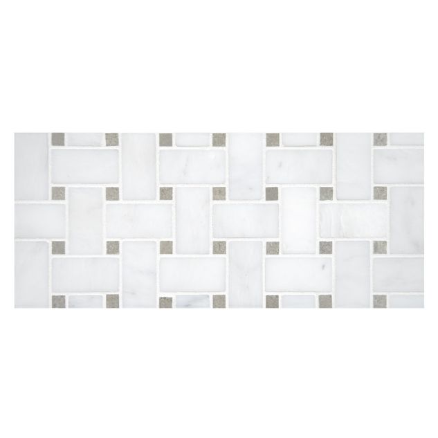 Basketweave mosaic tile in honed White blossom marble with Cinderella Grey dots.