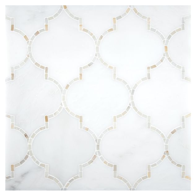 Tangier mosaic tile in White Blossom and Calacatta Gold marble.